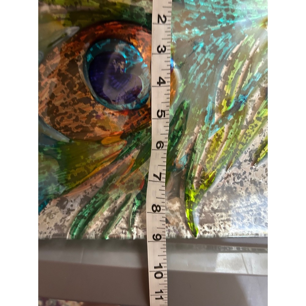 Vintage Fused Glass Peacock Feather Rectangular Plate Wall Art Decor 14in - Picture 6 of 6